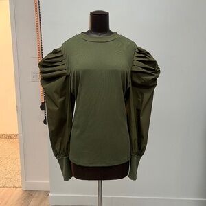 Olive Green Puff Sleeve Statement Top | Long Sleeve Ribbed Knit Blouse
